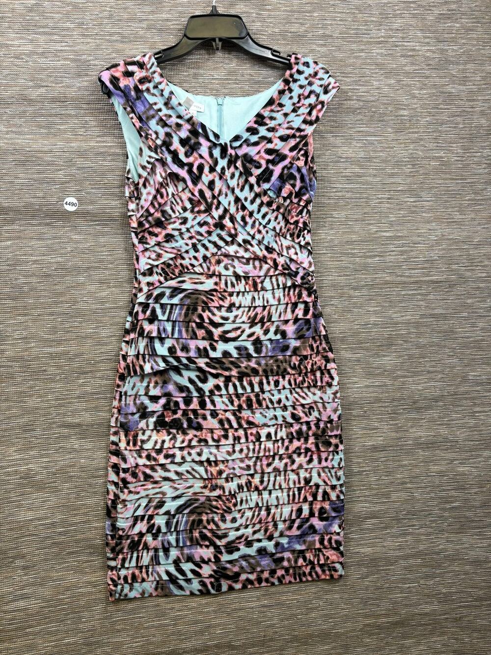 London Times Dress Womens 6 Multicolor Leopard Pleated Sheath Cap Sleeve Party